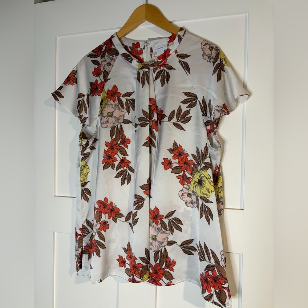 Liz Claiborne White Blouse with Red and Yellow Floral Design